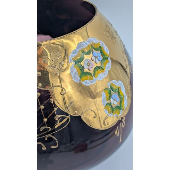 Large Bohemian Glass Bowl Purple Amethyst Gold Gilt Enameled Applied Flowers 7" - Picture 11 of 13